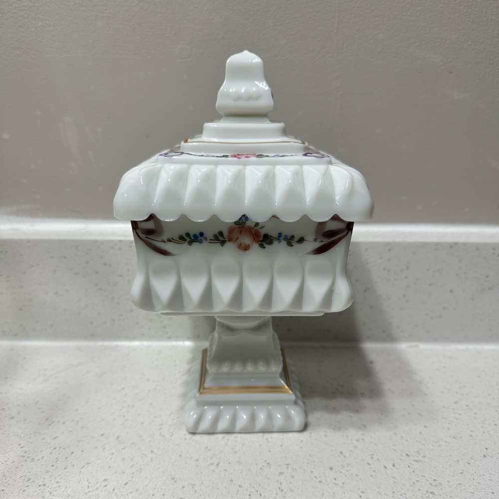 Vintage Westmoreland Pedestal Milk Glass Lidded Dish